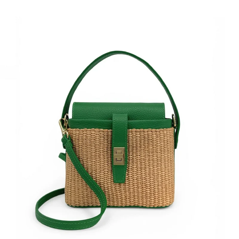 Mini-sac à main en cuir et raphia SIENNA Vert anglais