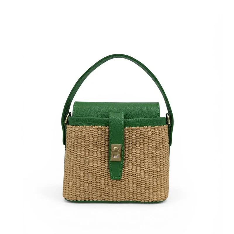 Mini-sac à main en cuir et raphia SIENNA Vert anglais