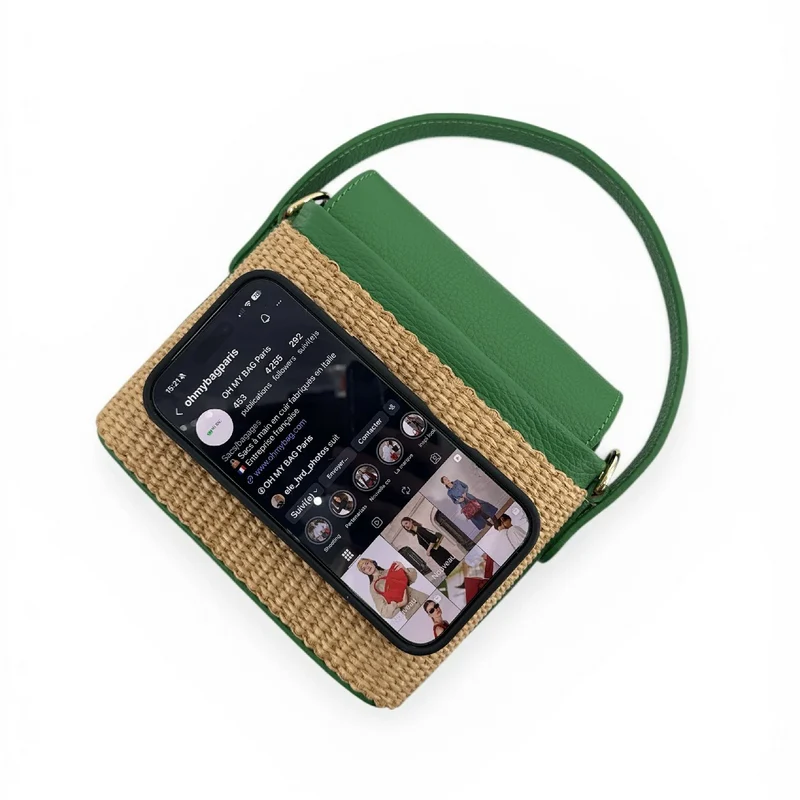 Mini-sac à main en cuir et raphia SIENNA Vert anglais