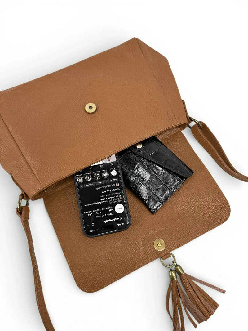 Sac bandoulière en cuir grainé SAIGON Marron camel foncé