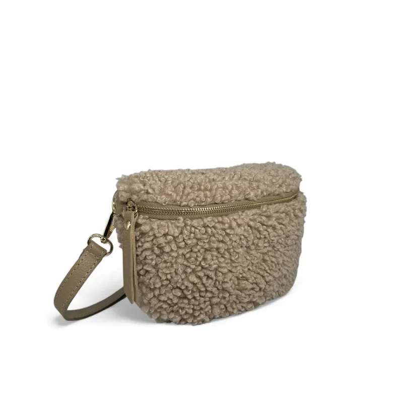 Sac banane en cuir et peluche LOU PILOU Taupe
