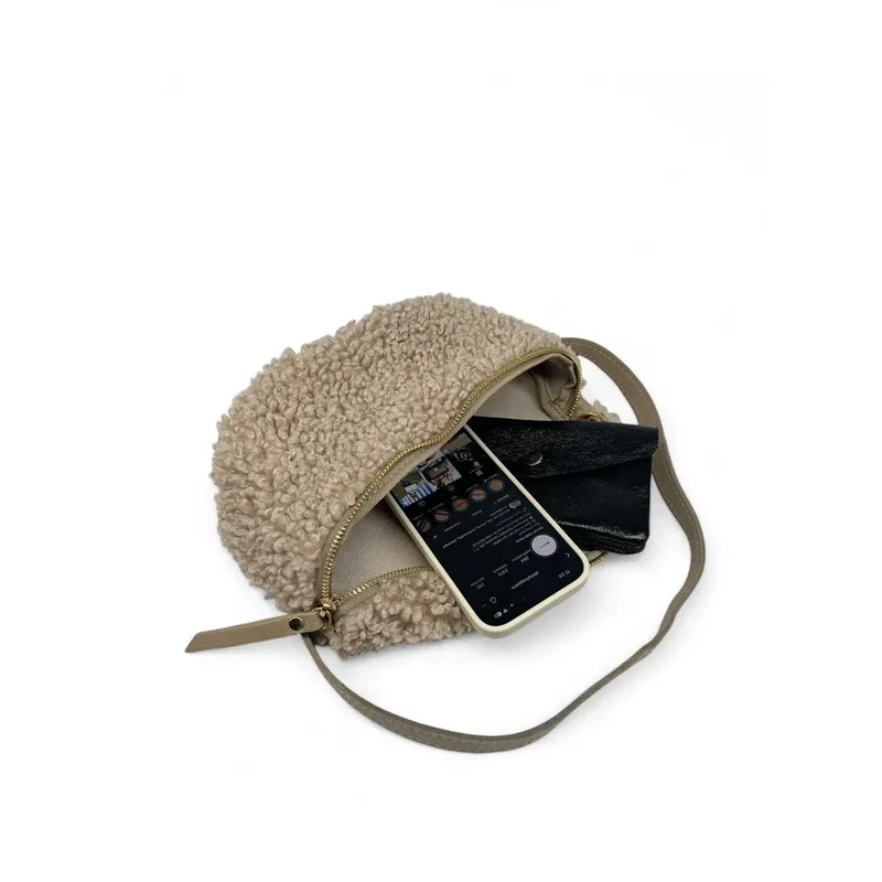 Sac banane en cuir et peluche LOU PILOU Taupe