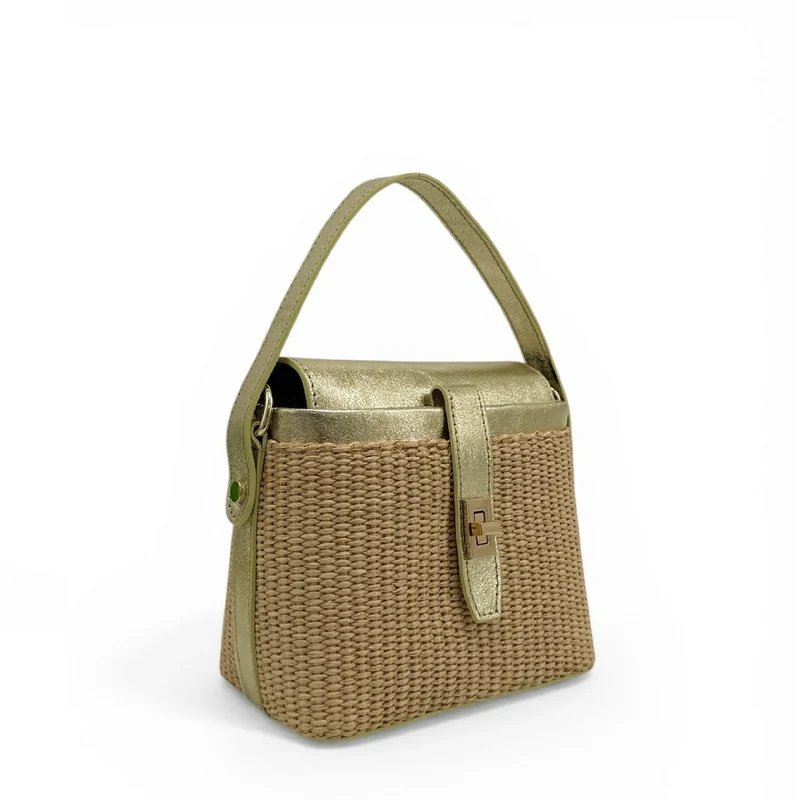 Mini-sac à main en cuir et raphia SIENNA Or pâle