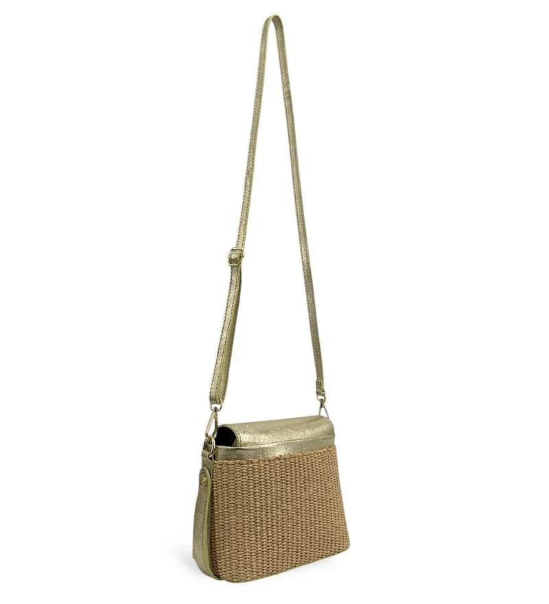 Mini-sac à main en cuir et raphia SIENNA Or pâle