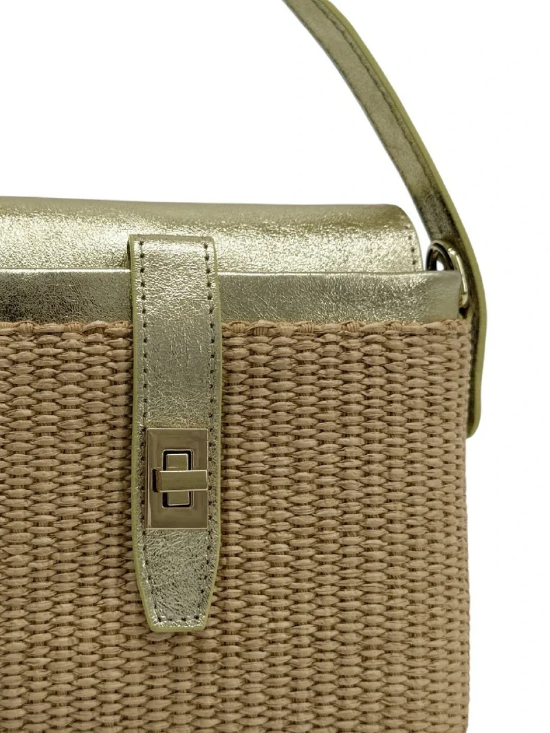 Mini-sac à main en cuir et raphia SIENNA Or pâle