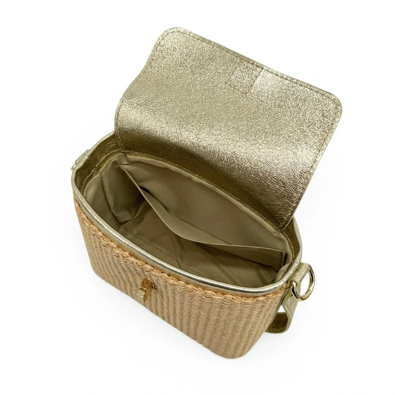 Mini-sac à main en cuir et raphia SIENNA Or pâle
