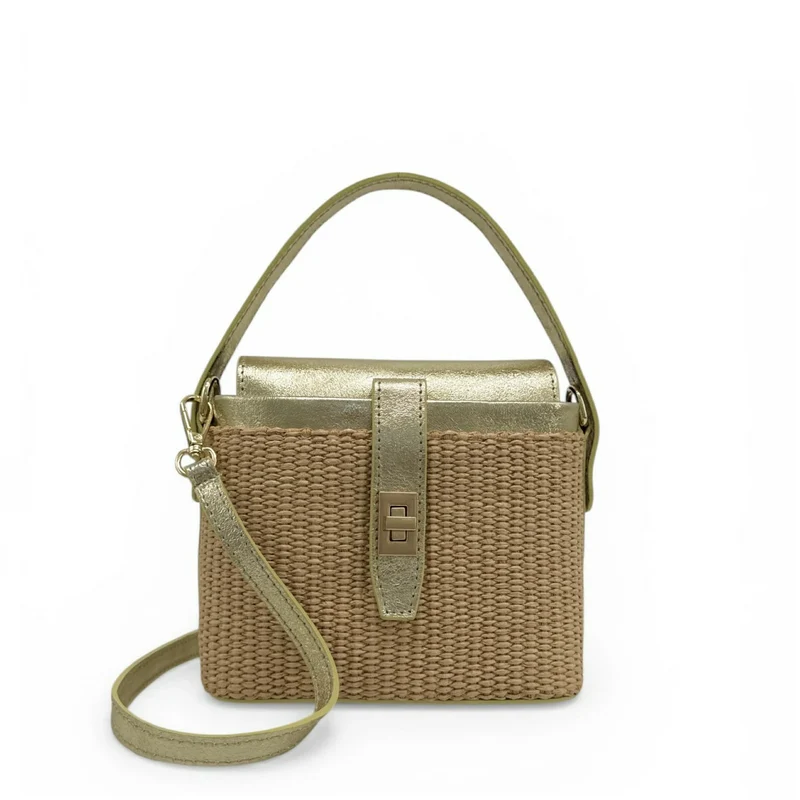 Mini-sac à main en cuir et raphia SIENNA Or pâle