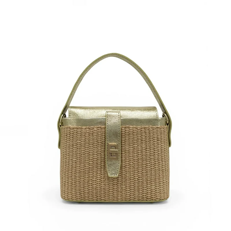 Mini-sac à main en cuir et raphia SIENNA Or pâle