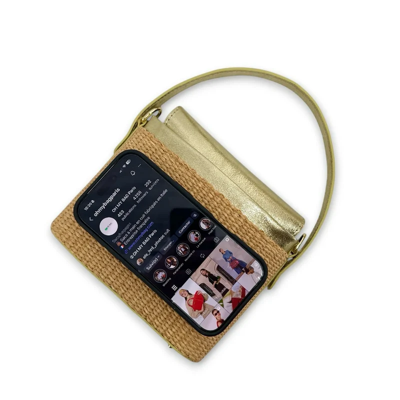 Mini-sac à main en cuir et raphia SIENNA Or pâle