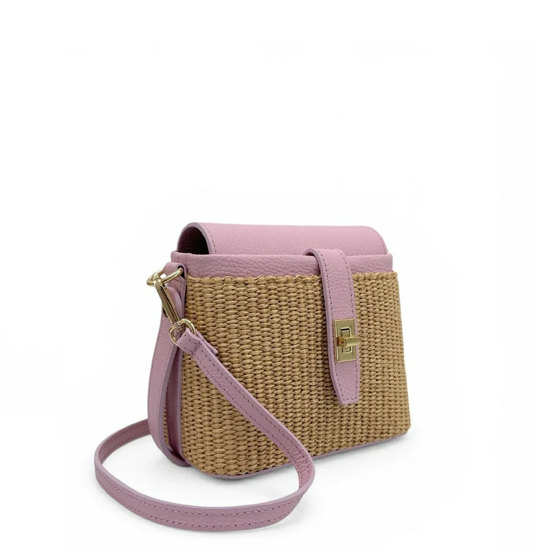Mini-sac à main en cuir et raphia SIENNA Rose pâle