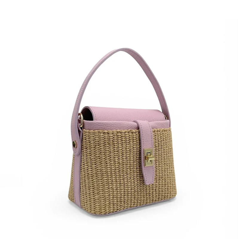 Mini-sac à main en cuir et raphia SIENNA Rose pâle