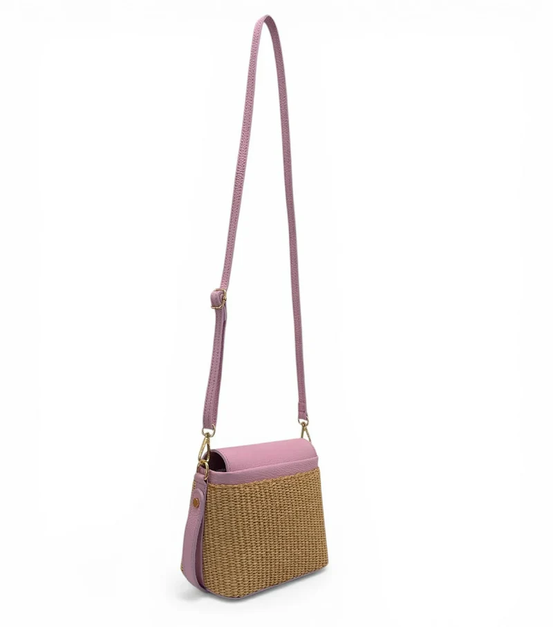 Mini-sac à main en cuir et raphia SIENNA Rose pâle