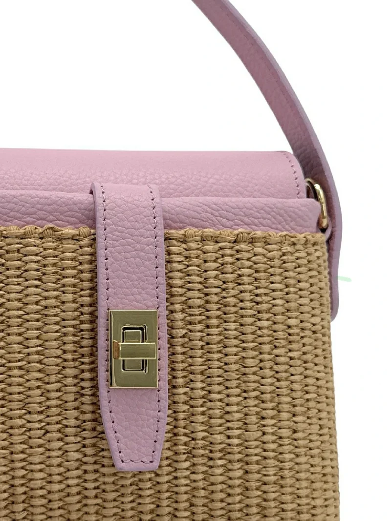Mini-sac à main en cuir et raphia SIENNA Rose pâle