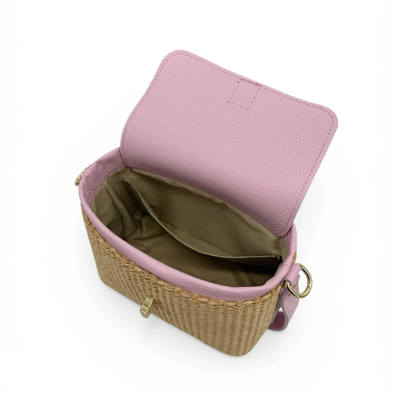 Mini-sac à main en cuir et raphia SIENNA Rose pâle