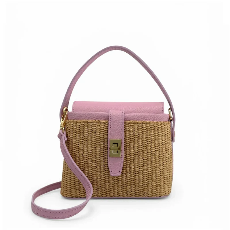 Mini-sac à main en cuir et raphia SIENNA Rose pâle
