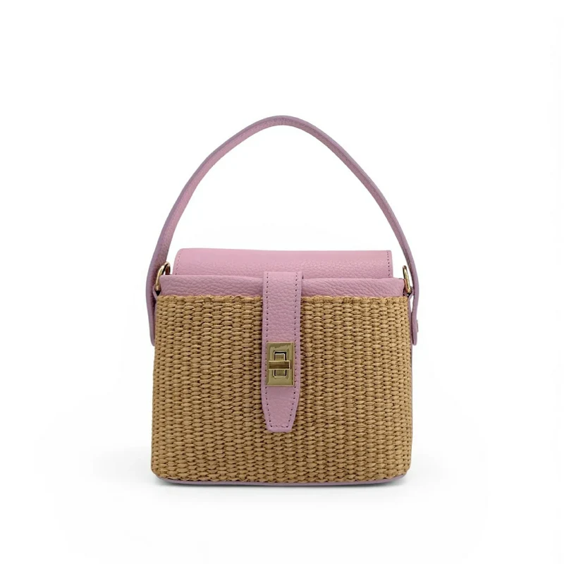 Mini-sac à main en cuir et raphia SIENNA Rose pâle