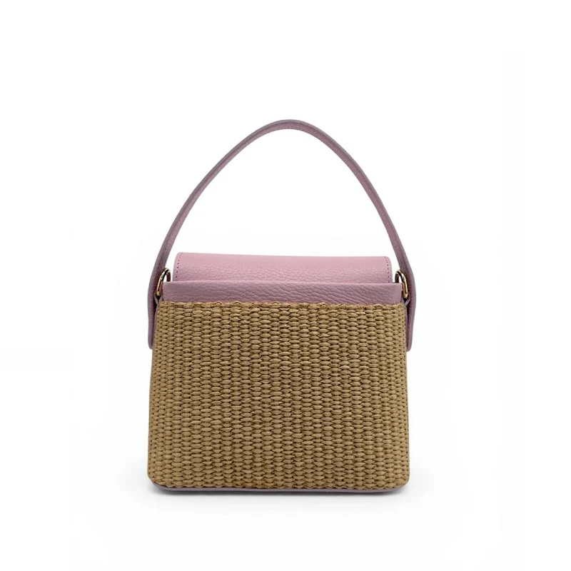 Mini-sac à main en cuir et raphia SIENNA Rose pâle