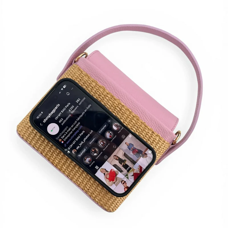 Mini-sac à main en cuir et raphia SIENNA Rose pâle