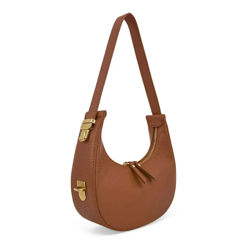 Sac demi-lune en cuir grainé SILOE Marron camel foncé