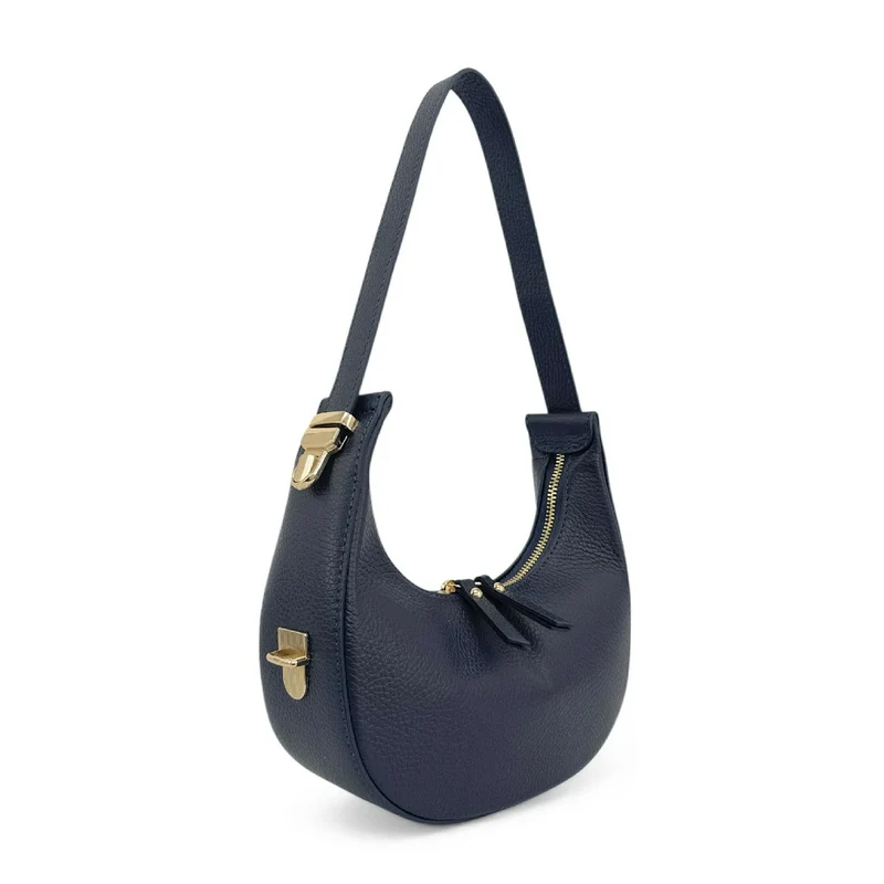 Sac demi-lune en cuir grainé SILOE Bleu marine