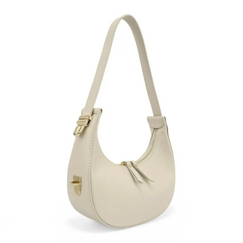 Sac demi-lune en cuir grainé SILOE Beige crème