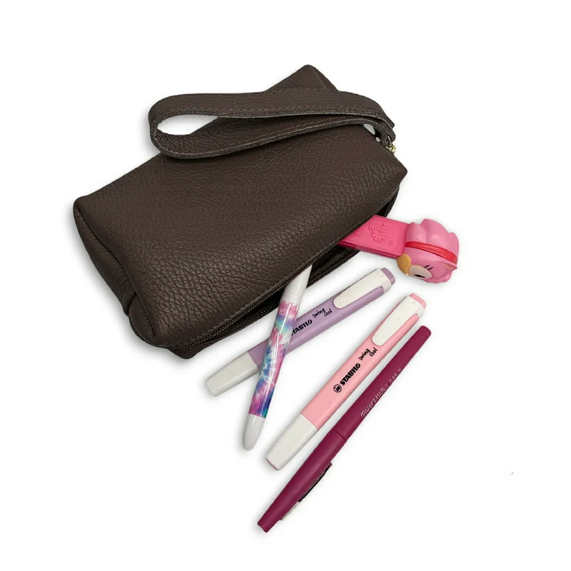 Trousse en cuir grainé ELORA Marron chocolat