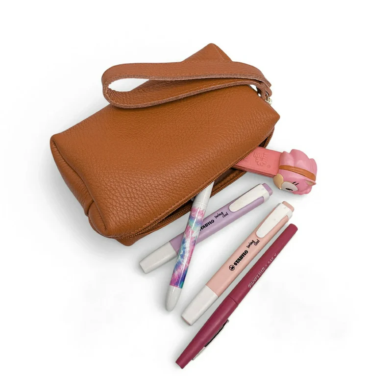 Trousse en cuir grainé ELORA Marron camel foncé