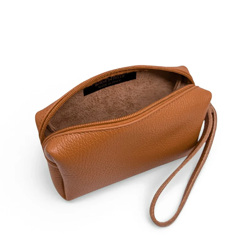 Trousse en cuir grainé ELORA Marron camel foncé