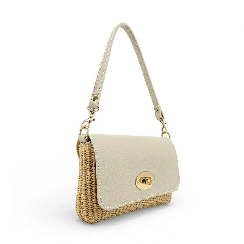 Mini sac en cuir grainé et raphia BAHIA Beige crème