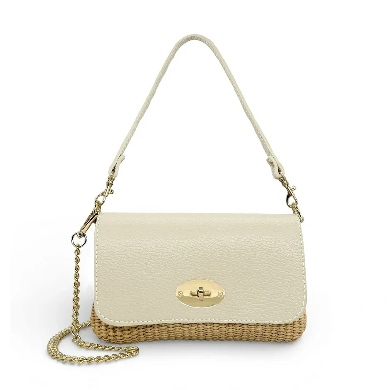 Mini sac en cuir grainé et raphia BAHIA Beige crème