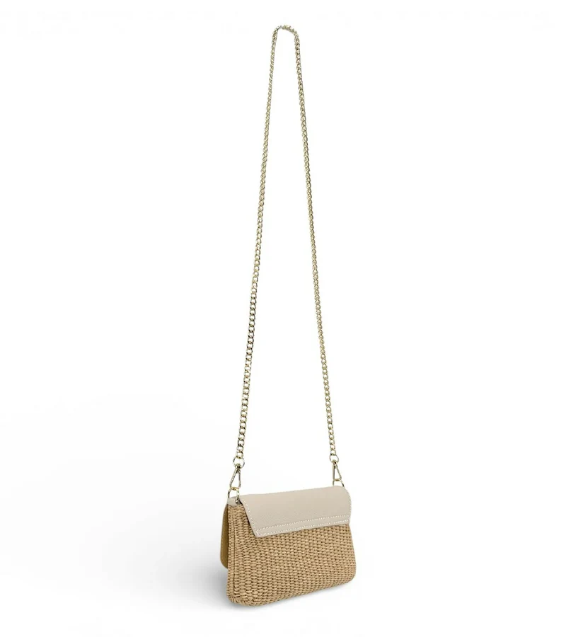 Mini sac en cuir grainé et raphia BAHIA Beige crème