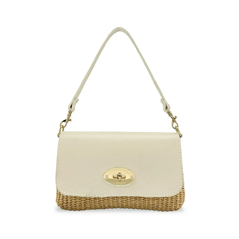 Mini sac en cuir grainé et raphia BAHIA Beige crème