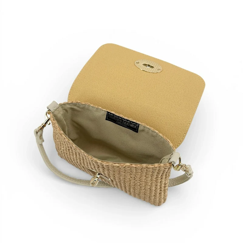 Mini sac en cuir grainé et raphia BAHIA Beige crème