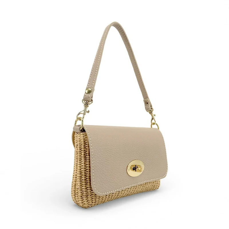 Mini sac en cuir grainé et raphia BAHIA Rose nude