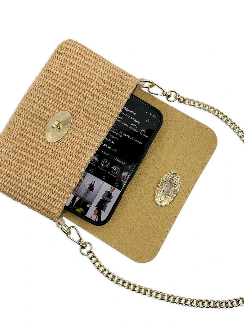 Mini sac en cuir grainé et raphia BAHIA Rose nude