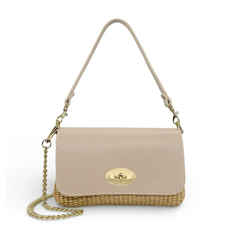 Mini sac en cuir grainé et raphia BAHIA Rose nude