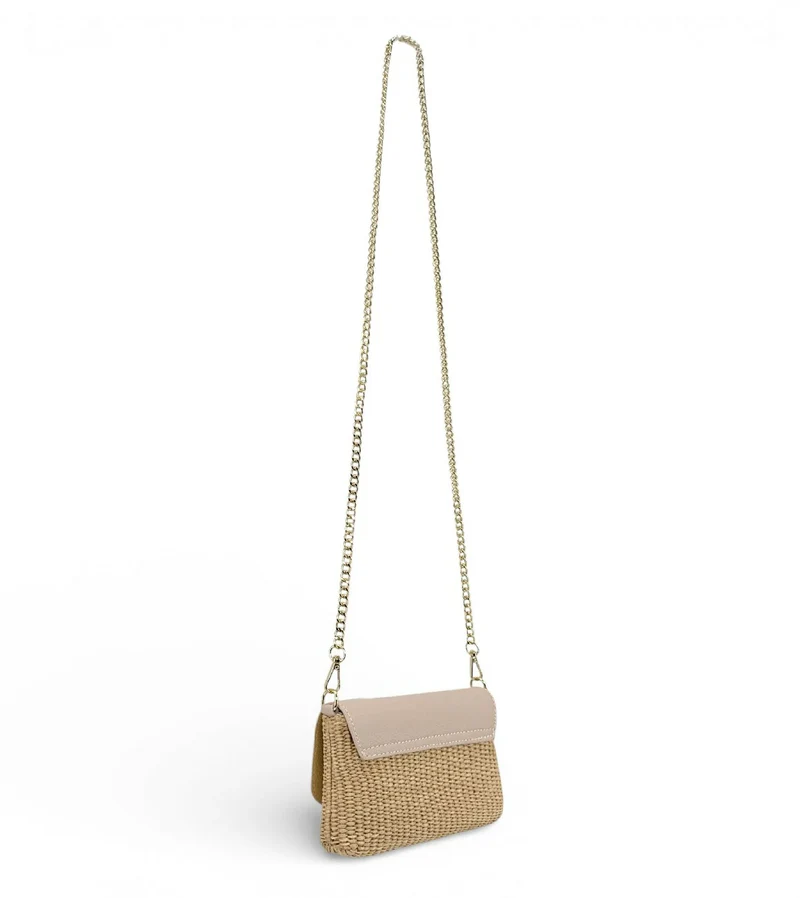 Mini sac en cuir grainé et raphia BAHIA Rose nude