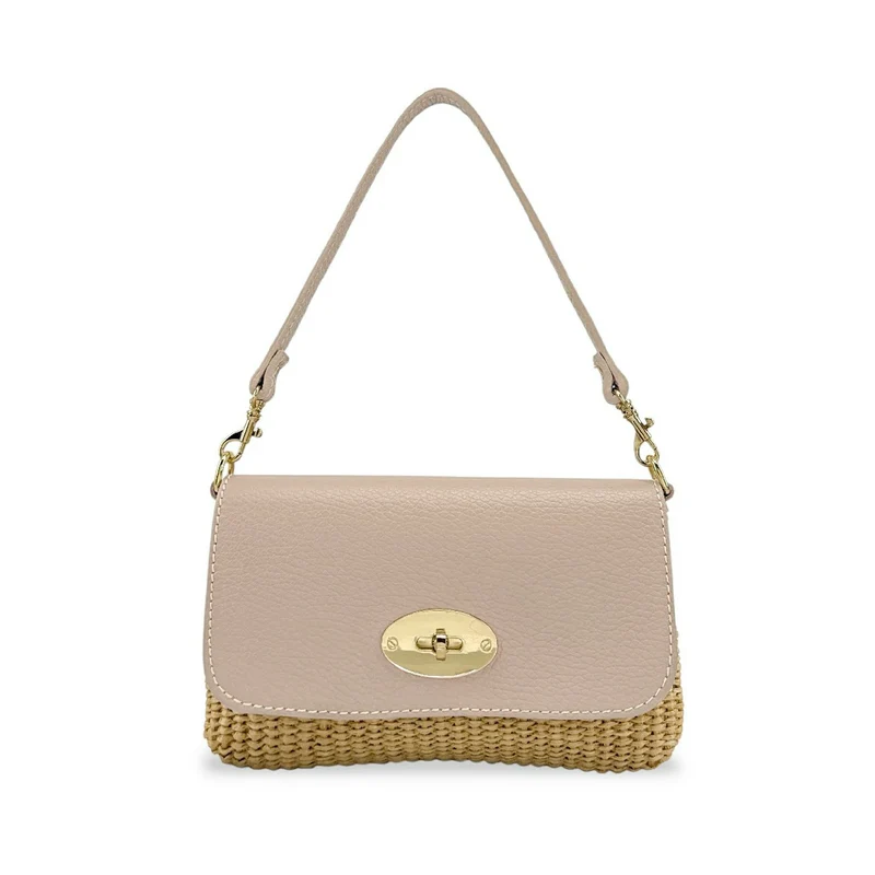 Mini sac en cuir grainé et raphia BAHIA Rose nude
