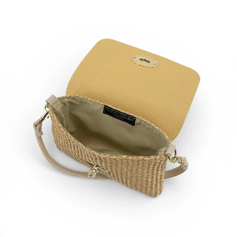 Mini sac en cuir grainé et raphia BAHIA Rose nude