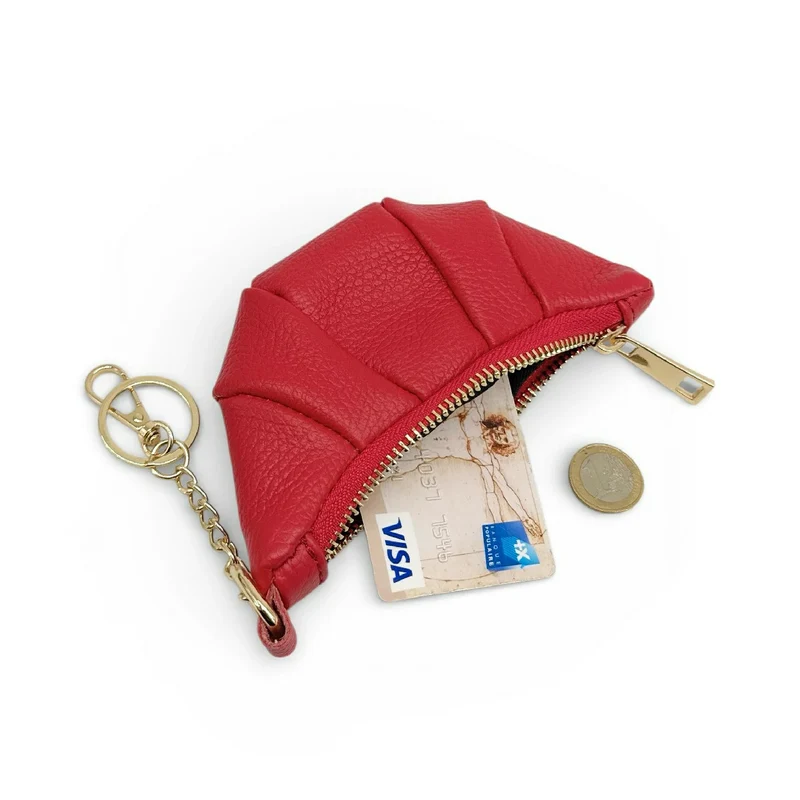 Porte-clés en cuir grainé CROISSANT Rouge garance