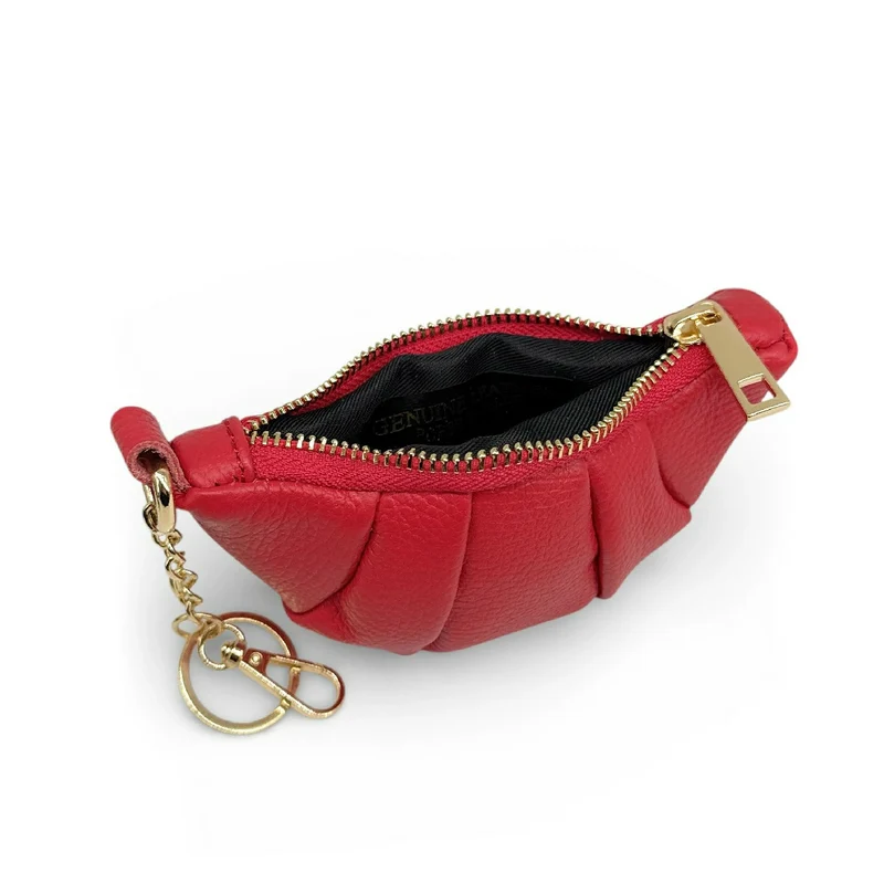 Porte-clés en cuir grainé CROISSANT Rouge garance