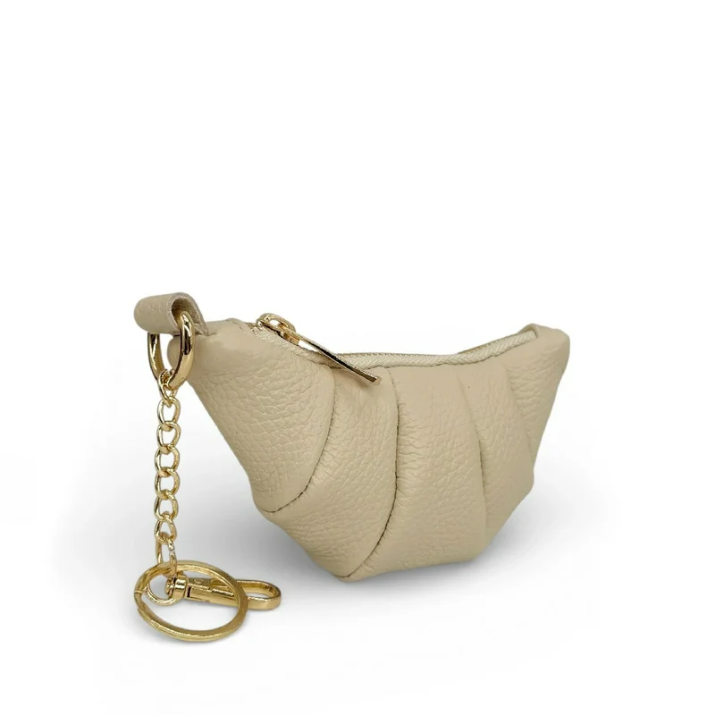 Porte-clés en cuir grainé CROISSANT Beige crème