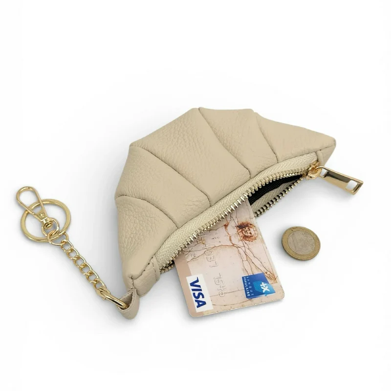 Porte-clés en cuir grainé CROISSANT Beige crème