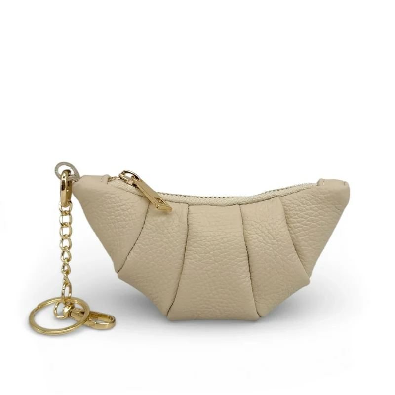 Porte-clés en cuir grainé CROISSANT Beige crème