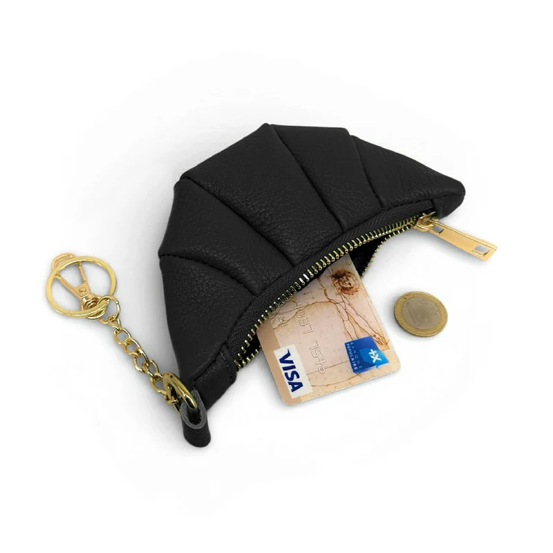 Porte-clés en cuir grainé CROISSANT Noir