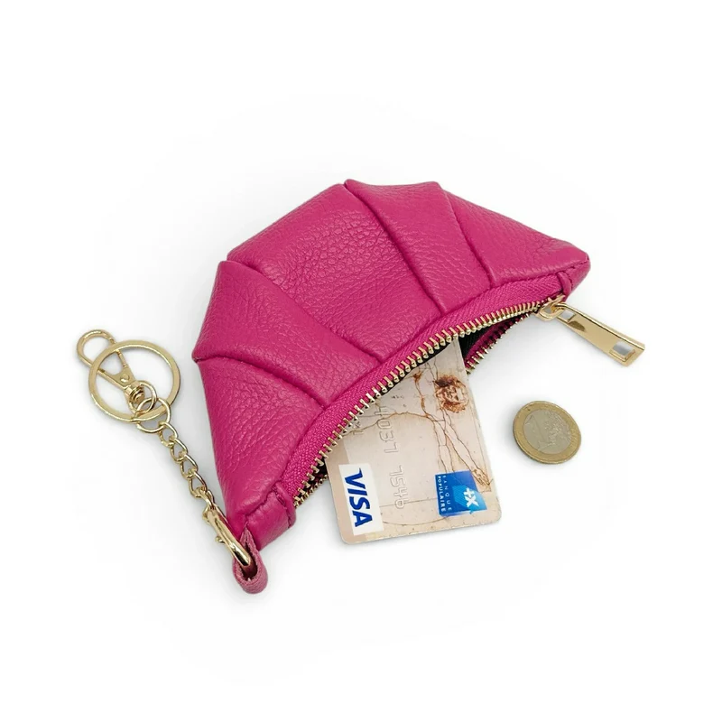 Porte-clés en cuir grainé CROISSANT Rose fuchsia