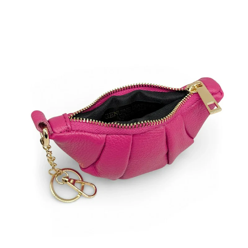 Porte-clés en cuir grainé CROISSANT Rose fuchsia