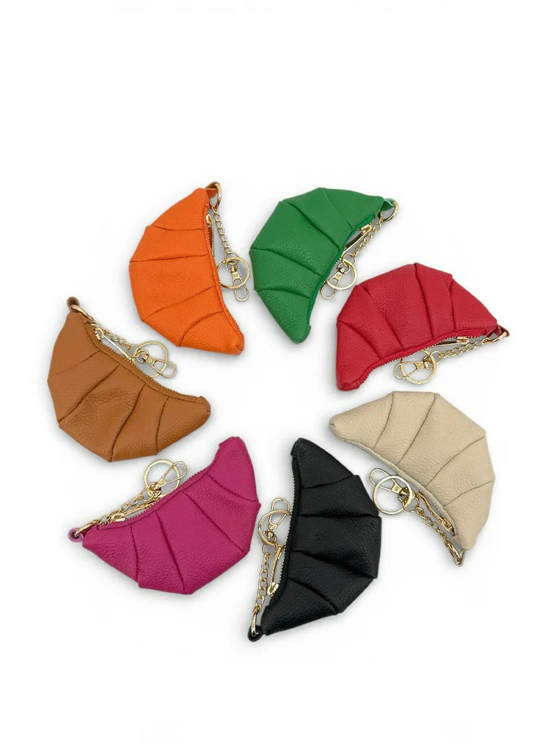 Porte-clés en cuir grainé CROISSANT Rose fuchsia
