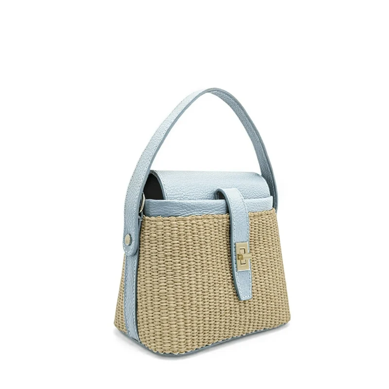 Mini-sac à main en cuir et raphia SIENNA Bleu pastel