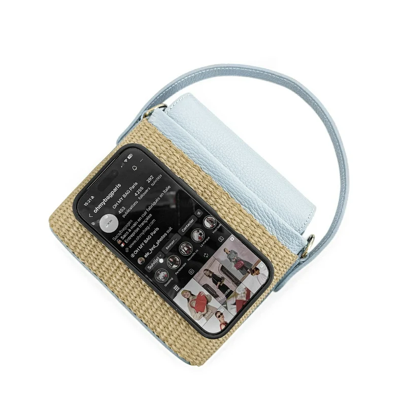 Mini-sac à main en cuir et raphia SIENNA Bleu pastel